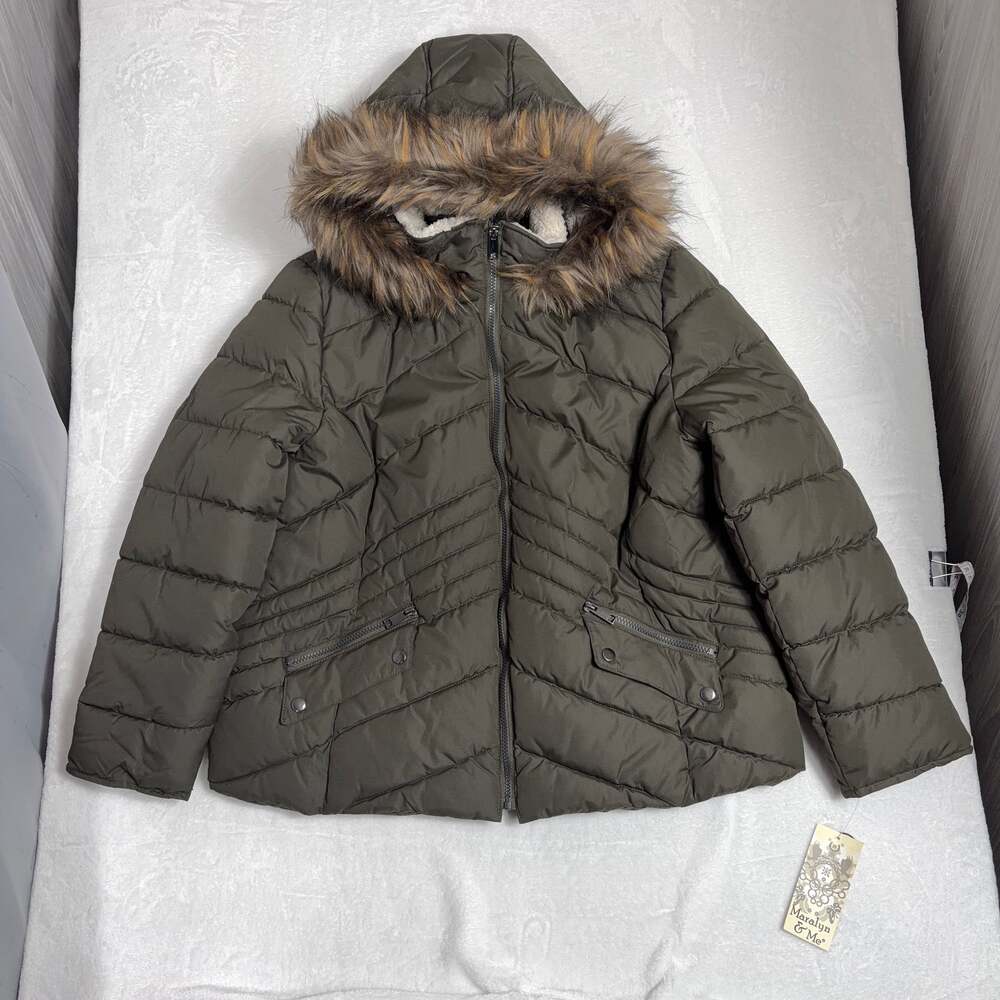 Maralyn&Me Faux Fur Hood Puffer Jacket Women’s 2X Green Downtown Bella Swan Y2K